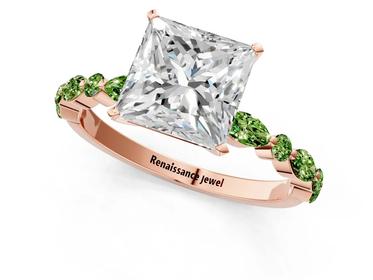 Princess Cut Diamond Ring with Marquise and Round Peridot Side Stones and Four-Prong Setting Rose gold