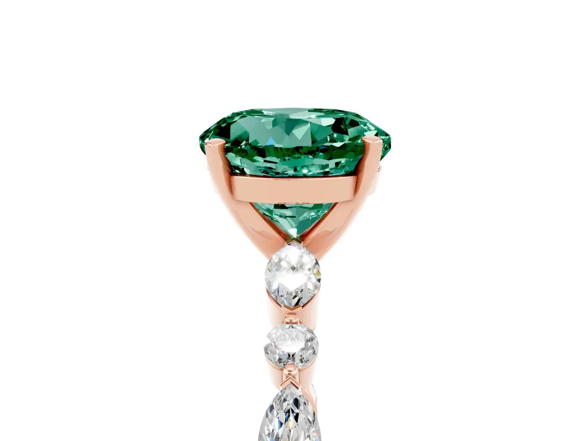 Round Cut Green Sapphire Ring with Marquise and Round Side Stones and Four-Prong Setting Rose gold