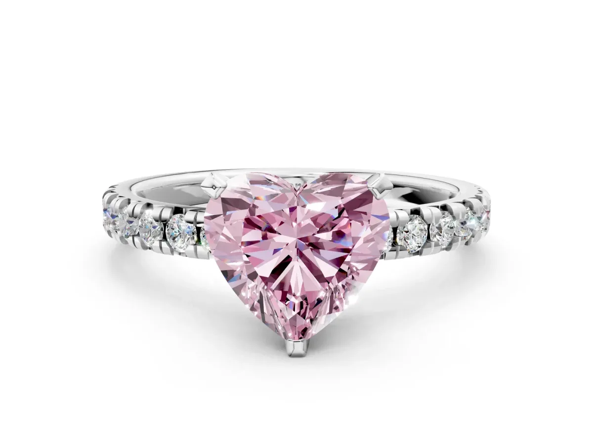 Fancy Pink Heart Cut Diamond Solitaire Pavé Engagement Ring with Round Band and Prong Setting White gold