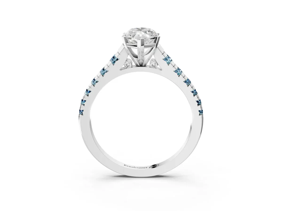 Marquise Cut Diamond Cathedral Solitaire Ring with Round Aquamarine Pavé Band White gold