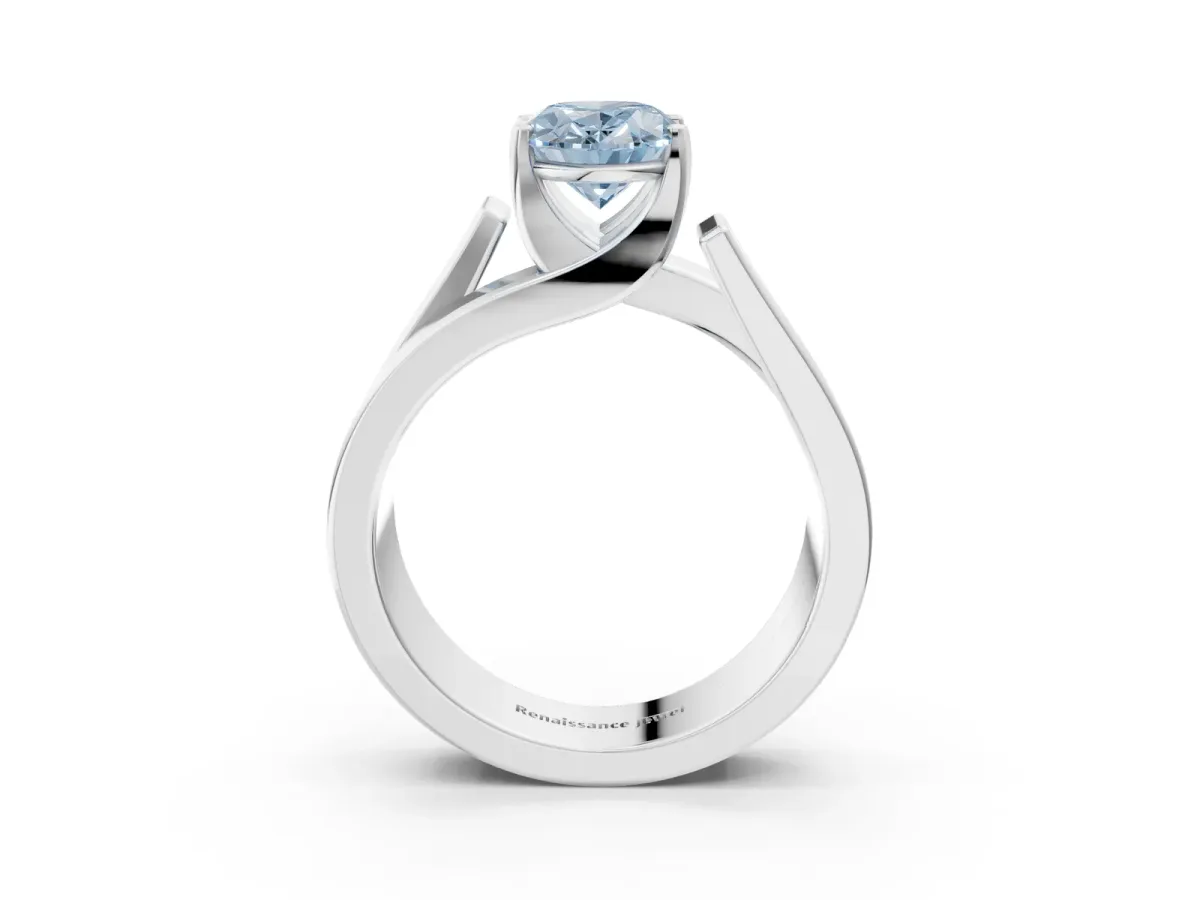 Fancy Blue Modern Tension Set Oval Cut Diamond Solitaire Wide Band Ring Silver