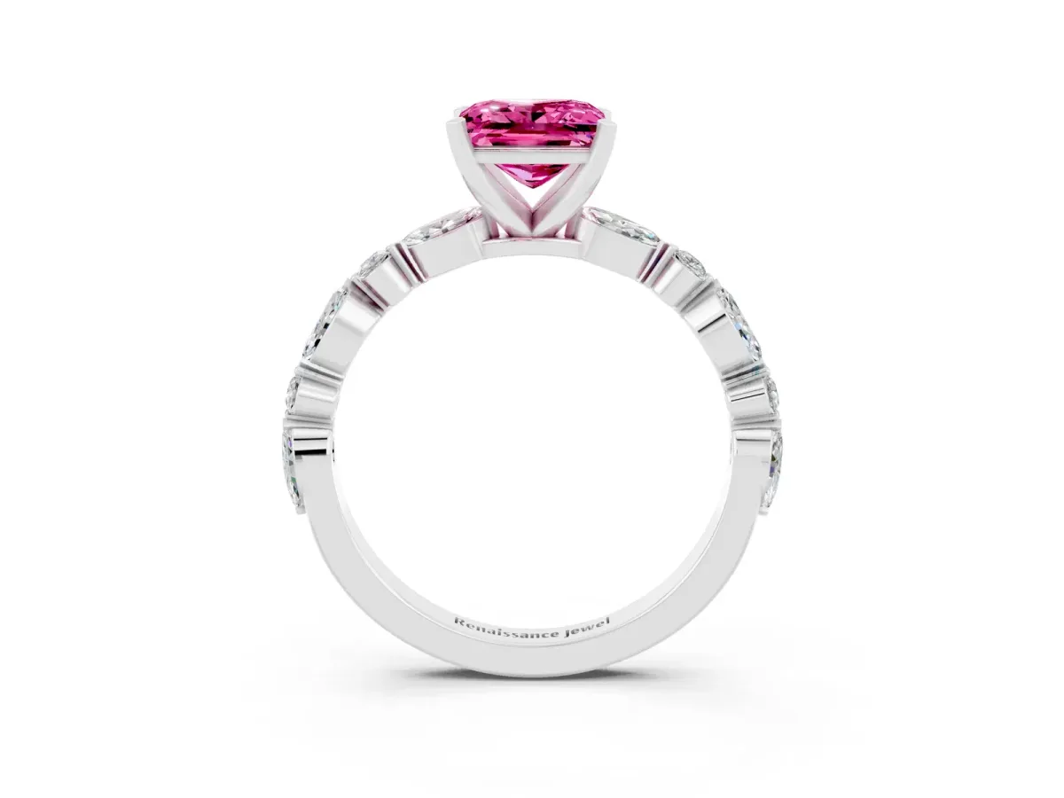 Princess Cut Pink Sapphire Ring with Marquise and Round Side Stones and Four-Prong Setting White gold