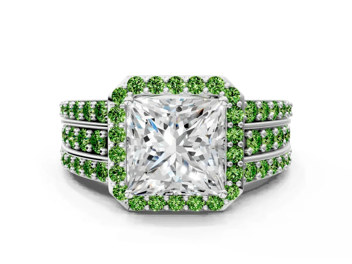 Princess Cut Halo Diamond Ring with Round Peridot Split Shank and Prong Setting White gold