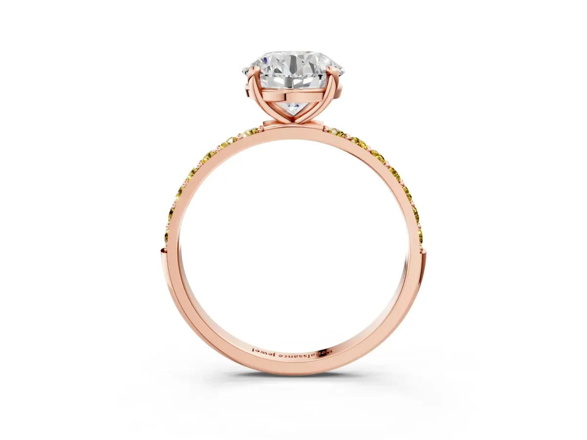 Round Cut Diamond Solitaire Ring with Round Yellow Sapphire Pavé Band and Prong Setting Rose gold