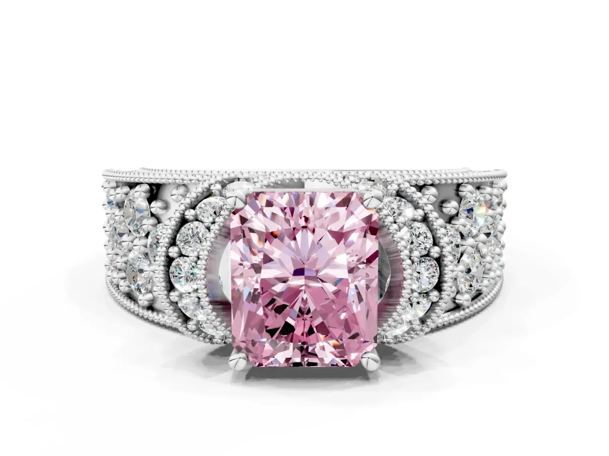 Fancy Pink Radiant Cut Halo Pave Diamond Engagement Ring with Milgrain Detailing Platinum