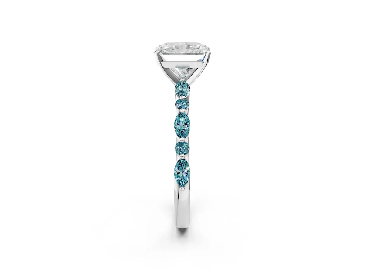 Radiant Cut Diamond Ring with Marquise and Round Blue Topaz Side Stones and Four-Prong Setting Platinum
