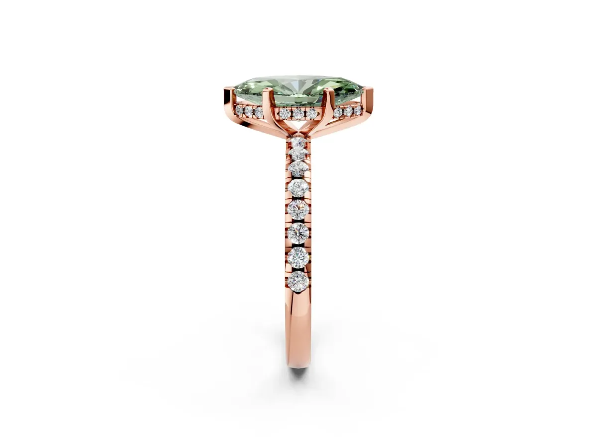 Fancy Green Marquise Cut Diamond Solitaire Ring with Round Pavé Band and Four-Prong Setting Rose gold