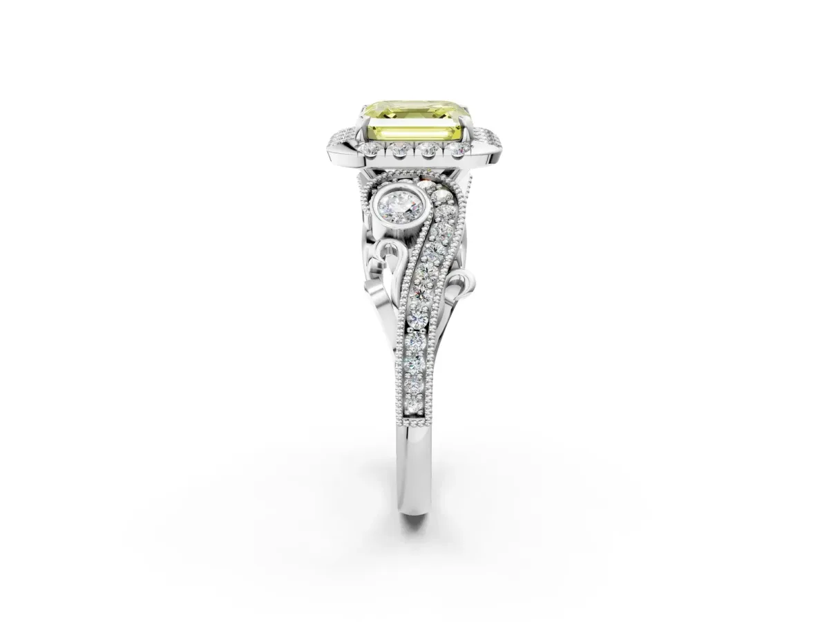 Fancy Yellow Asscher Cut Diamond Halo Ring with Milgrain Pavé Band and Four-Prong Setting White gold