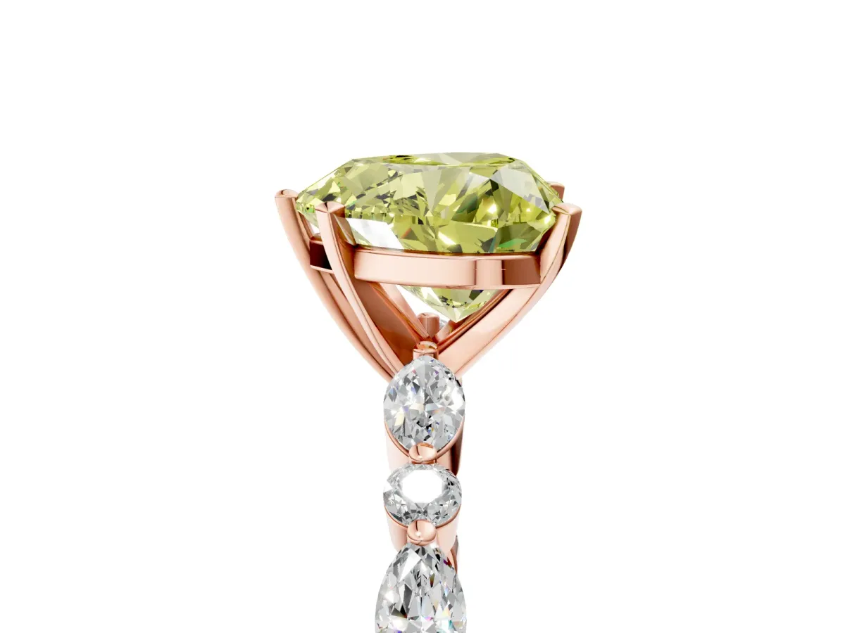 Fancy Yellow Heart Cut Diamond Ring with Marquise and Round Side Stones and Four-Prong Setting Rose gold