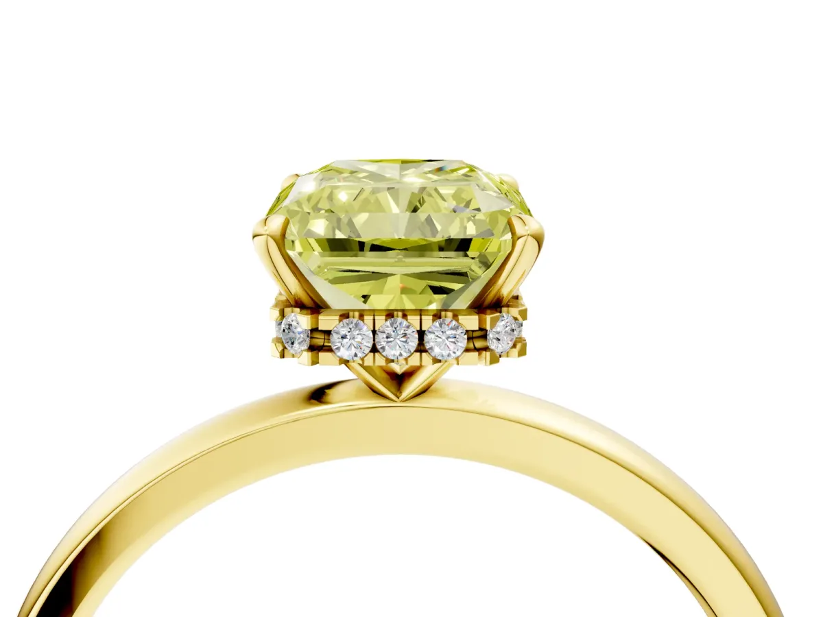 Fancy Yellow Radiant Cut Solitaire Engagement Ring with Cathedral Band and Four-Prong Setting Yellow gold