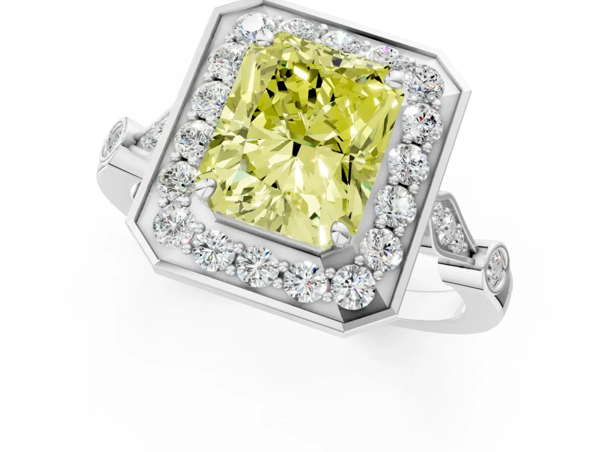 Fancy Yellow Radiant Cut Halo Diamond Engagement Ring with Twisted Band and Four-Prong Setting Platinum