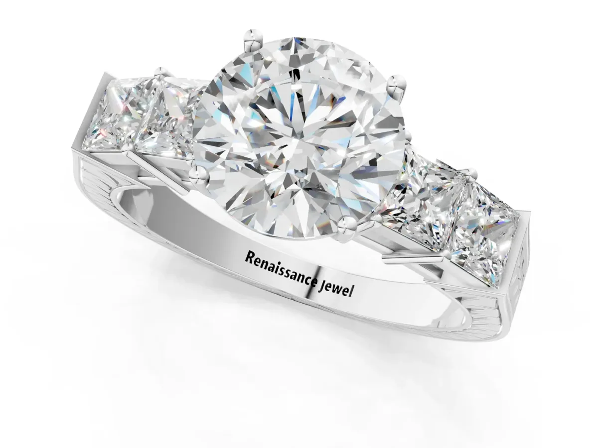 Round Cut Solitaire Princess Side Stone Engraved Band Prong Setting Ring Platinum