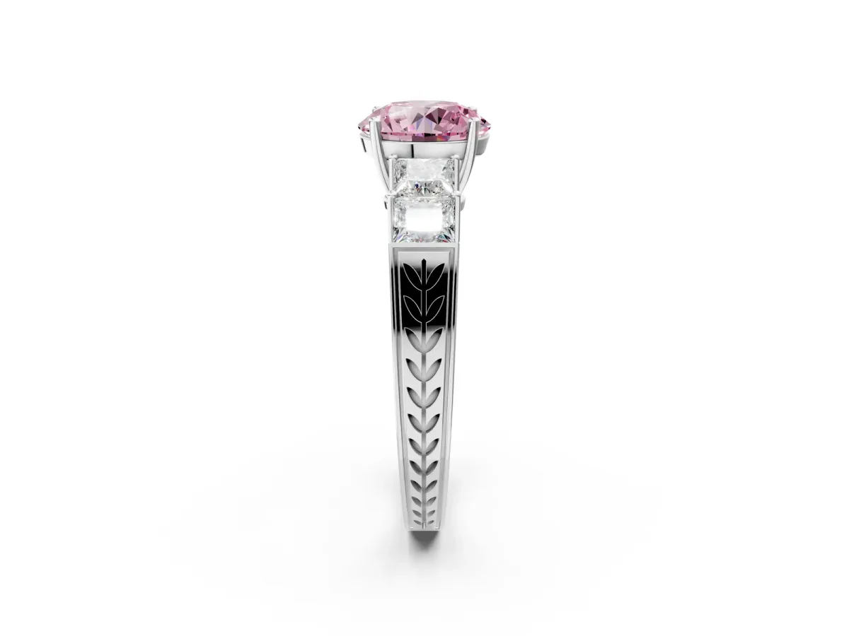 Fancy Pink Round Cut Solitaire Princess Side Stone Engraved Band Prong Setting Ring Silver