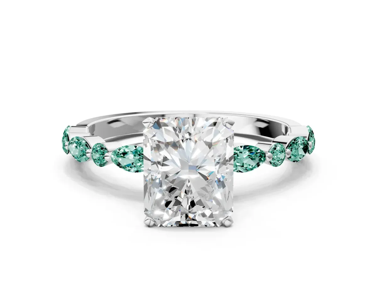 Radiant Cut Diamond Ring with Marquise and Round Green Sapphire Side Stones and Four-Prong Setting Silver