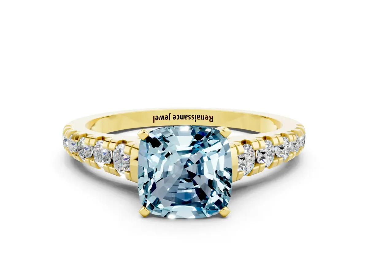 Cushion Cut Aquamarine Cathedral Solitaire Ring with Round Pavé Band Yellow gold