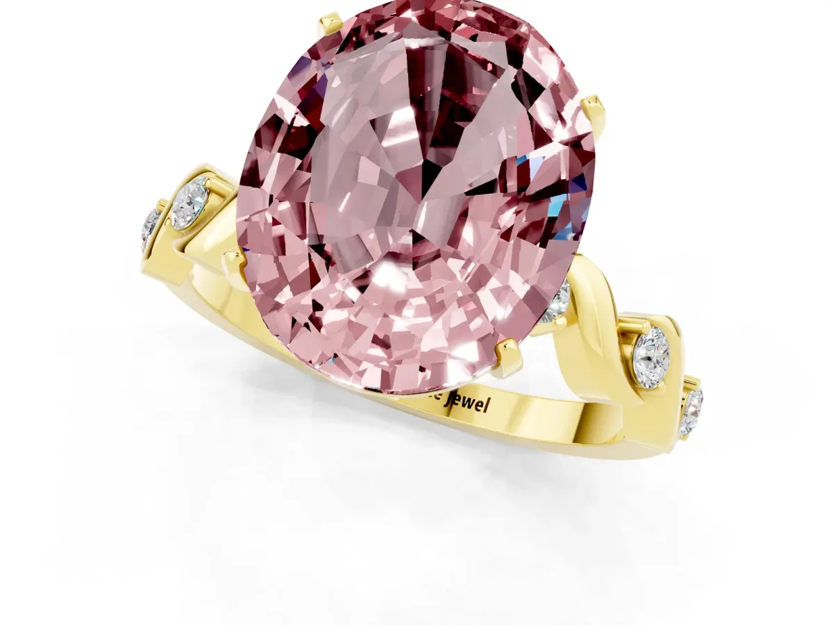 Oval Cut Morganite Solitaire Twisted Band with Round Accents and Prong Setting Yellow gold