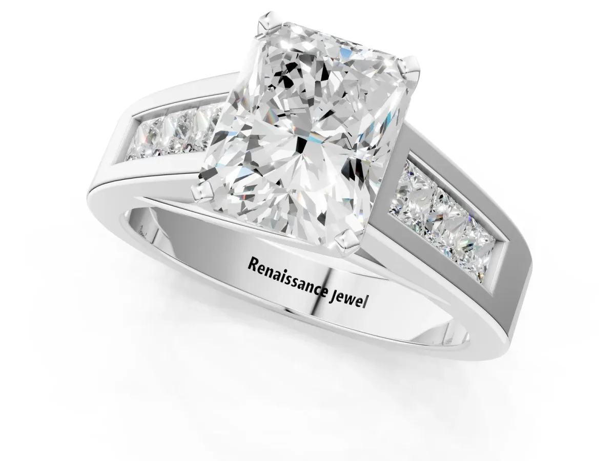 Radiant Cut Cut Channel Set Solitaire Ring with Four-Prong Setting White gold
