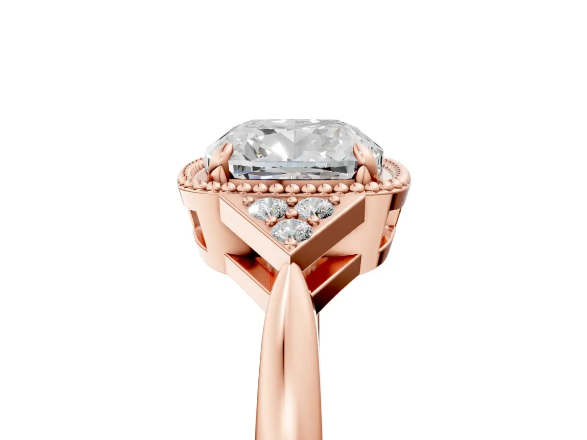 Cushion Cut Diamond Halo Ring with Tapered Band and Four-Prong Setting Rose gold