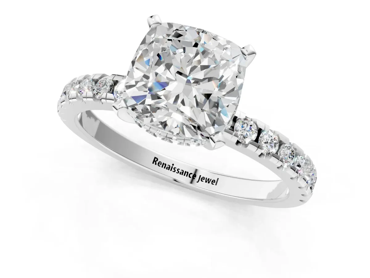 Cushion Cut Diamond Solitaire Ring with Round Moissanite Pavé Band and Four-Prong Setting White gold