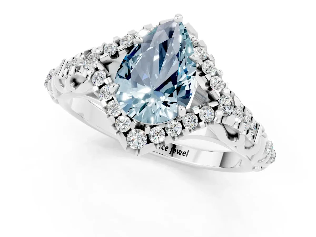Pear Cut Aquamarine Solitaire Ring with Hidden Halo and Pavé Band White gold