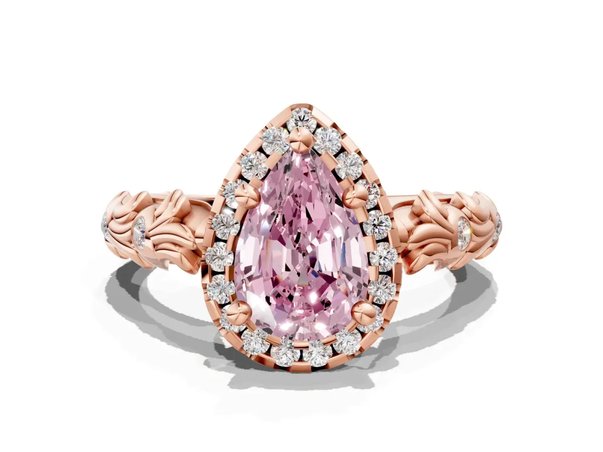 Fancy Pink Pear Cut Diamond Halo Ring with Filigree Band and Prong Setting Rose gold