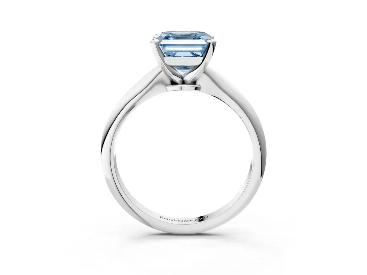Fancy Blue Asscher Cut Diamond Solitaire Engagement Ring with Classic Band and Four-Prong Setting Silver