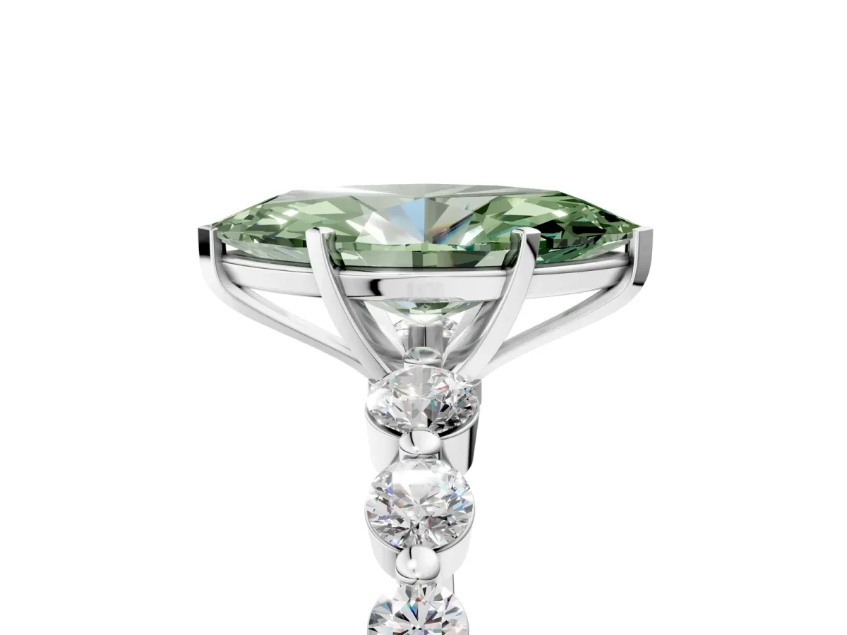 Fancy Green Marquise Cut Solitaire Diamond Ring with Pave Band and Four-Prong Setting Silver