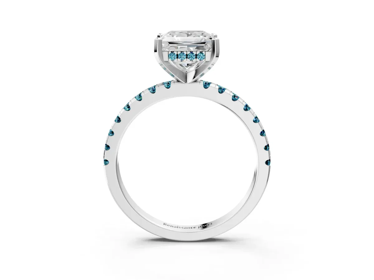 Princess Cut Diamond Solitaire Ring with Round Blue Topaz Pavé Band and Four-Prong Setting White gold