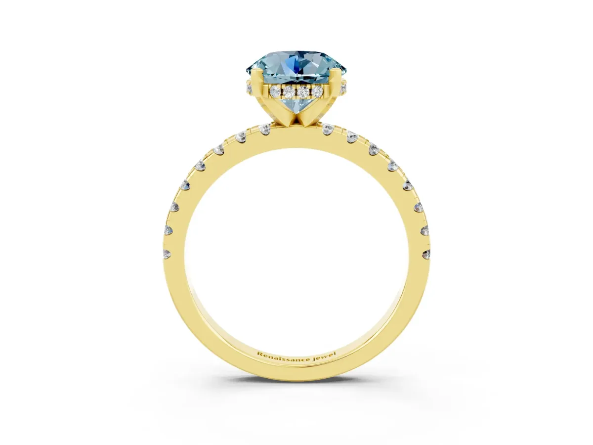 Round Cut Aquamarine Solitaire Ring with Round Pavé Band and Four-Prong Setting Yellow gold