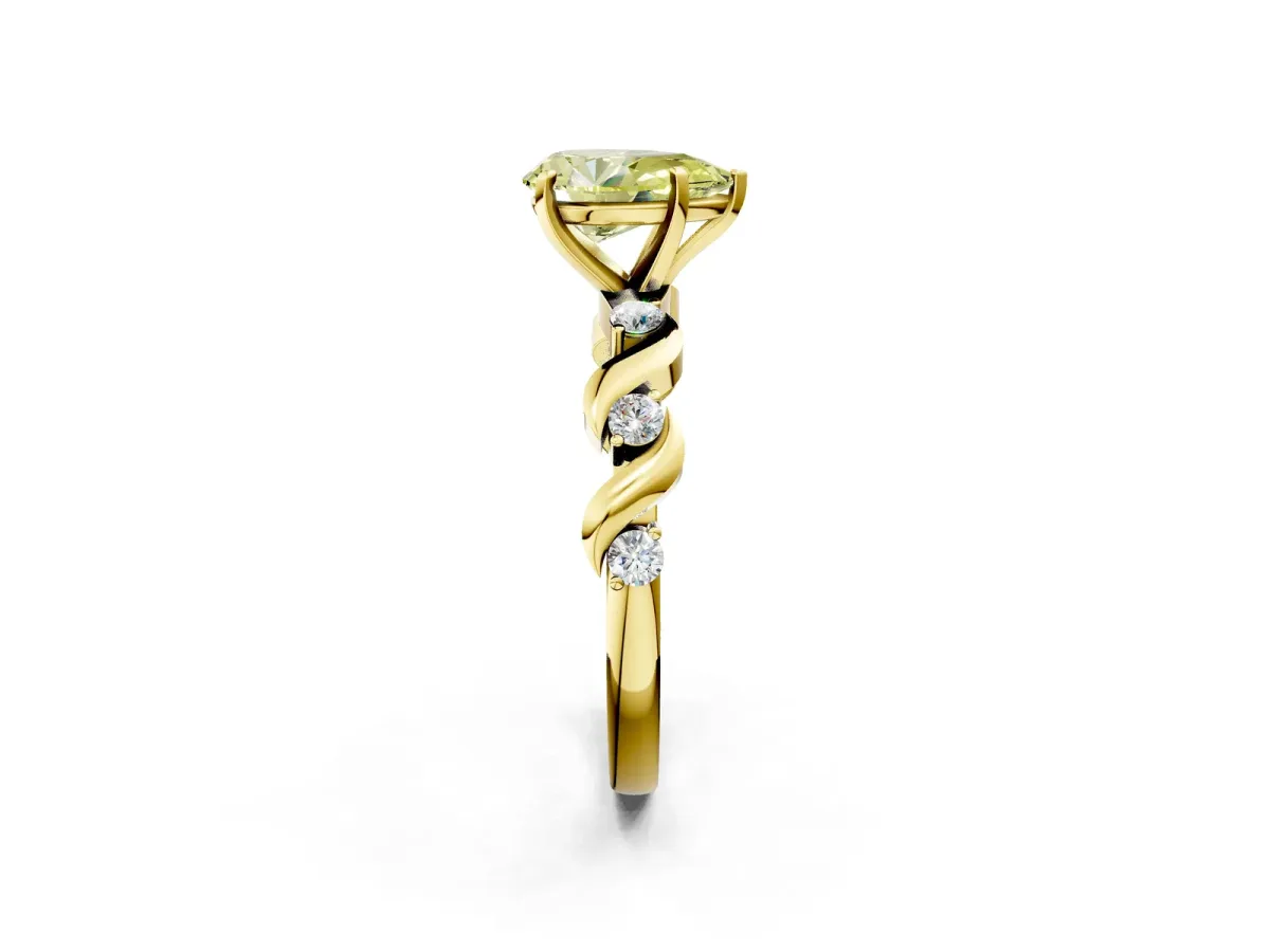 Fancy Yellow Pear Cut Diamond Solitaire Twisted Band with Round Accents and Prong Setting Yellow gold