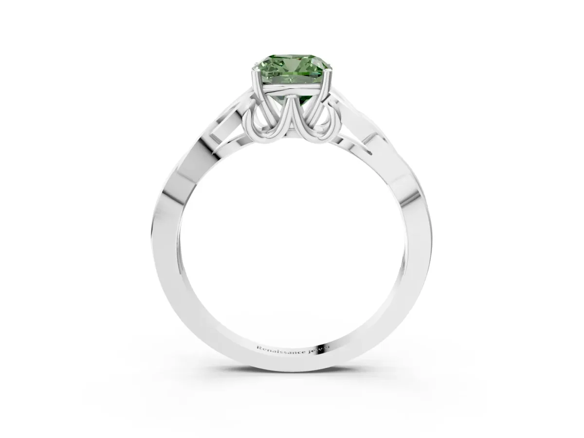 Fancy Green Cushion Cut Diamond Solitaire Engagement Ring with Celtic Knot Band and Four-Prong Setting White gold