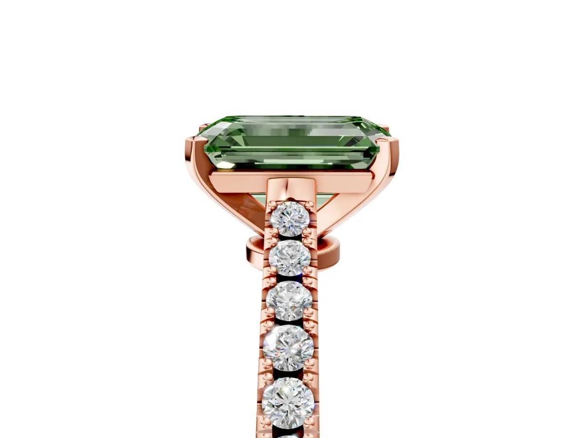 Fancy Green Emerald Cut Cut Solitaire Diamond Engagement Ring with Pave Band and Four-Prong Setting Rose gold
