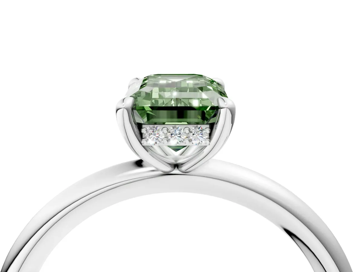 Fancy Green Emerald Cut Diamond Solitaire Ring with Thin Band and Four-Prong Setting Platinum