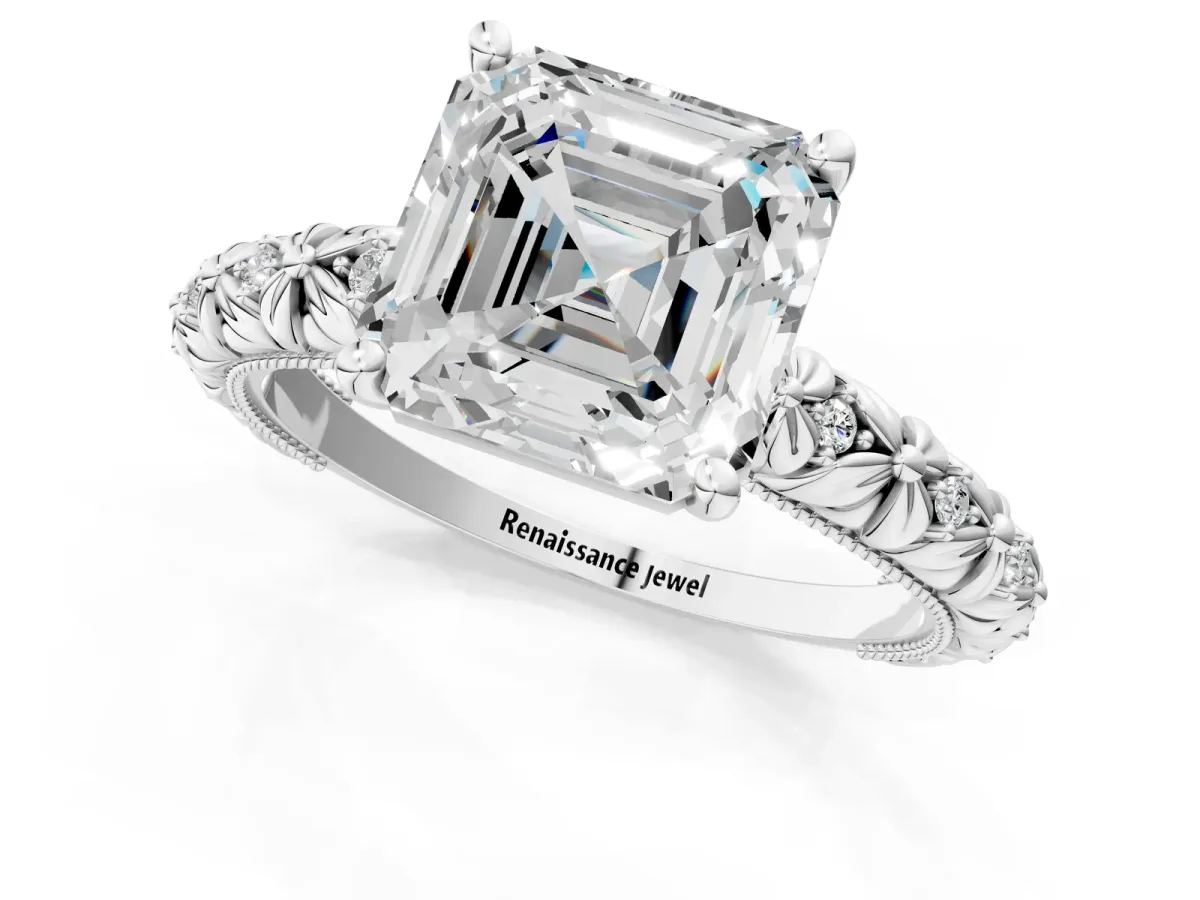 Asscher Cut Solitaire Floral Milgrain Engagement Ring White gold