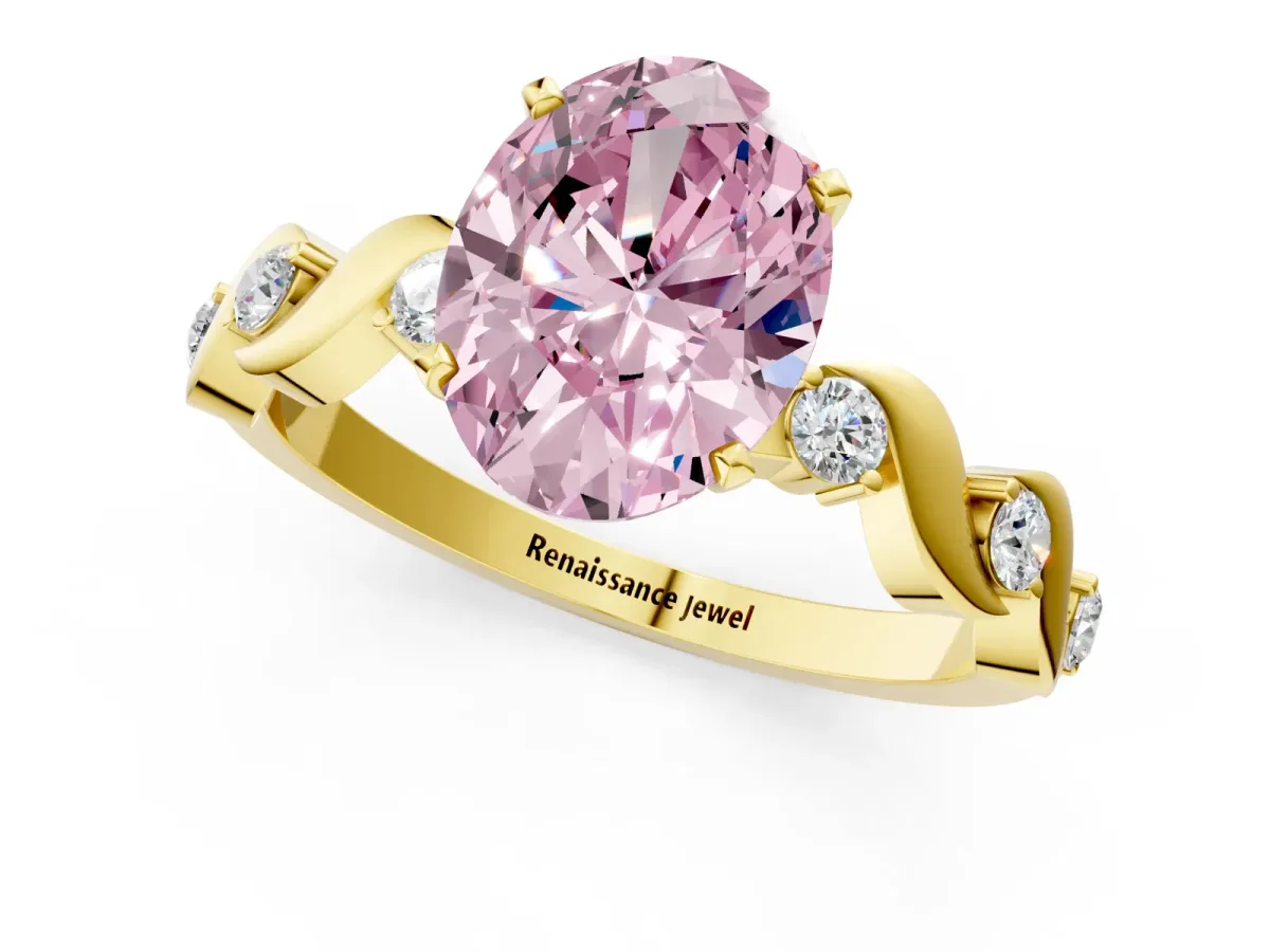 Fancy Pink Oval Cut Diamond Solitaire Twisted Band with Round Accents and Prong Setting Yellow gold