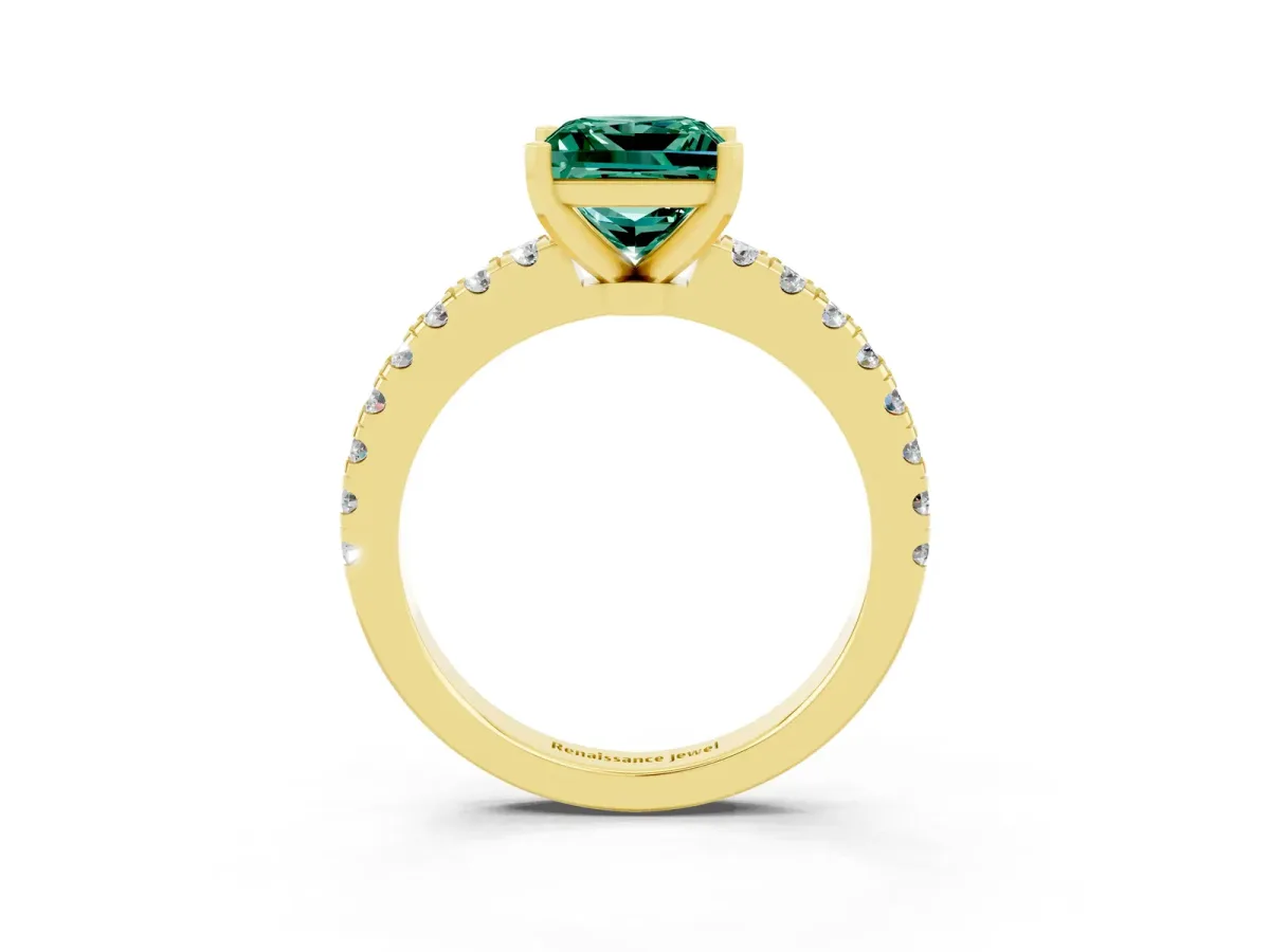 Princess Cut Solitaire Green Sapphire with Pavé Band and Four-Prong Setting Yellow gold
