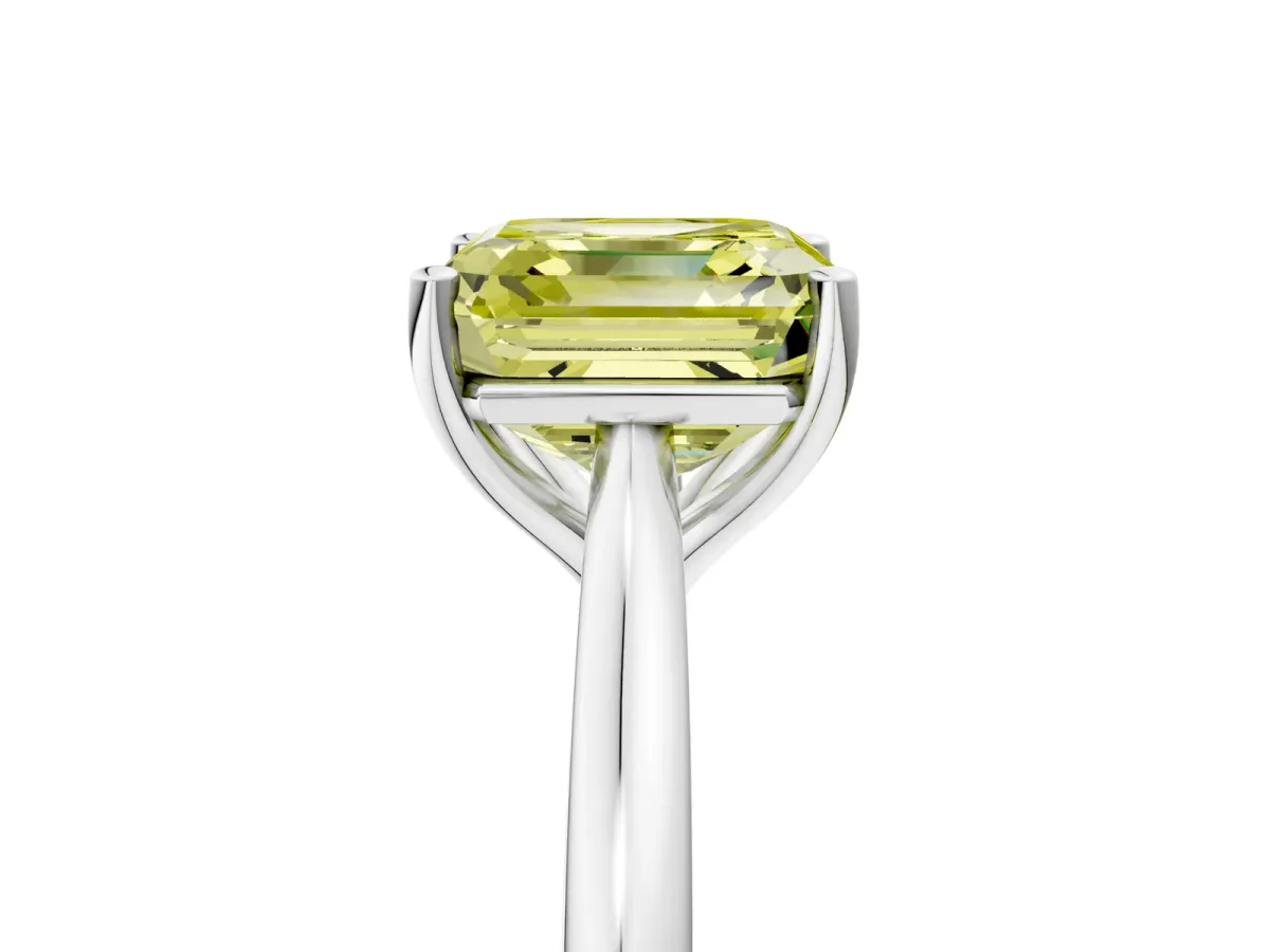 Fancy Yellow Asscher Cut Cut Solitaire Ring with Cathedral Band and Four-Prong Setting Platinum