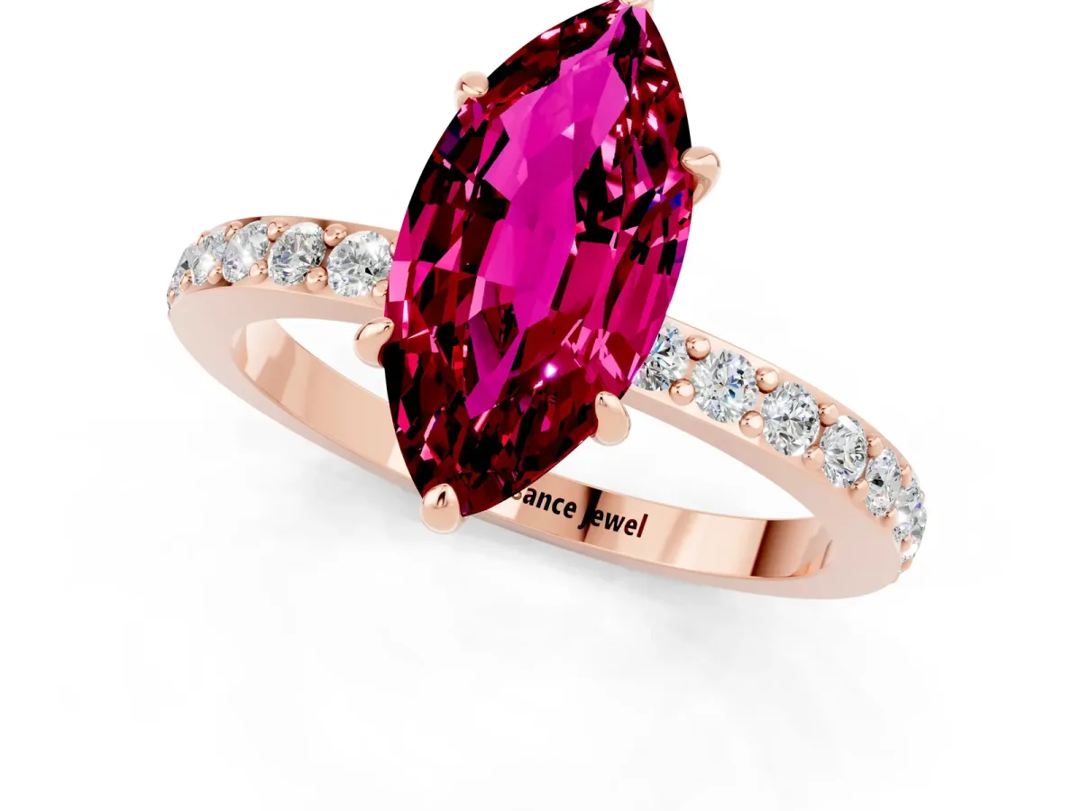 Marquise Cut Garnet Solitaire Engagement Ring with Pavé Band and Four-Prong Setting Rose gold