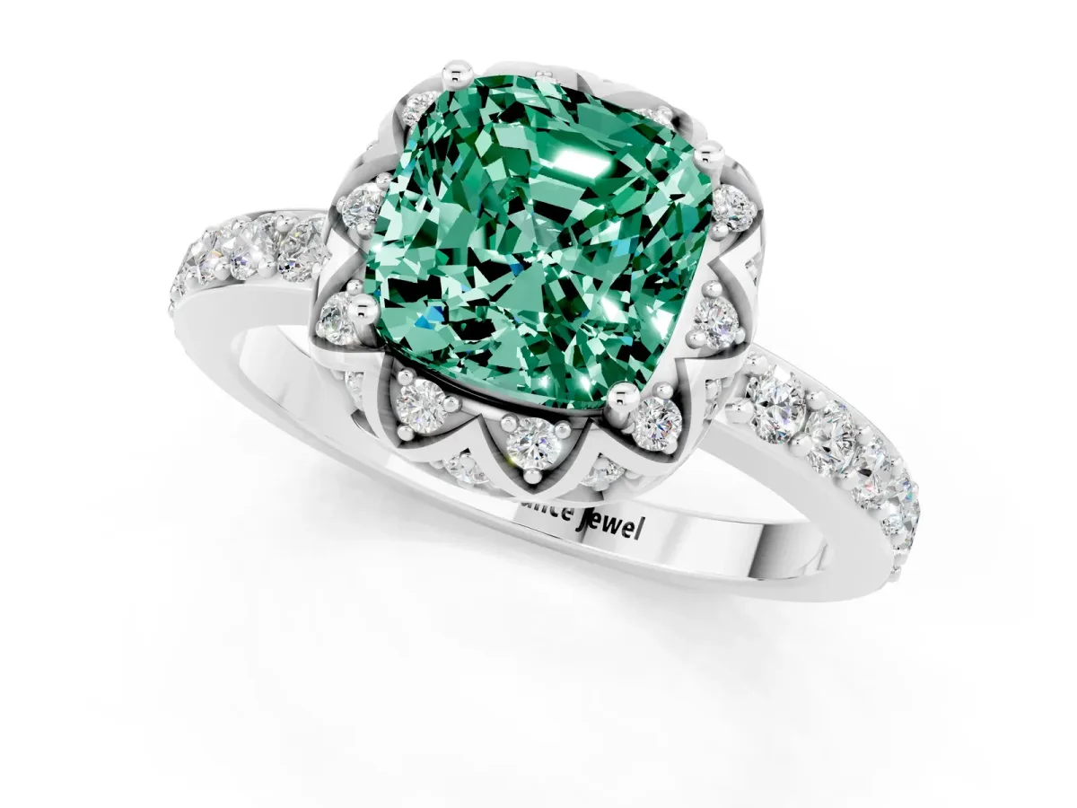 Cushion Cut Green Sapphire Scalloped Halo Engagement Ring with Round Shared Prong Band Silver