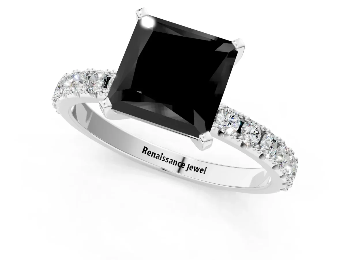Fancy Black Princess Cut Diamond Solitaire Pavé Band with Four-Prong Setting Platinum