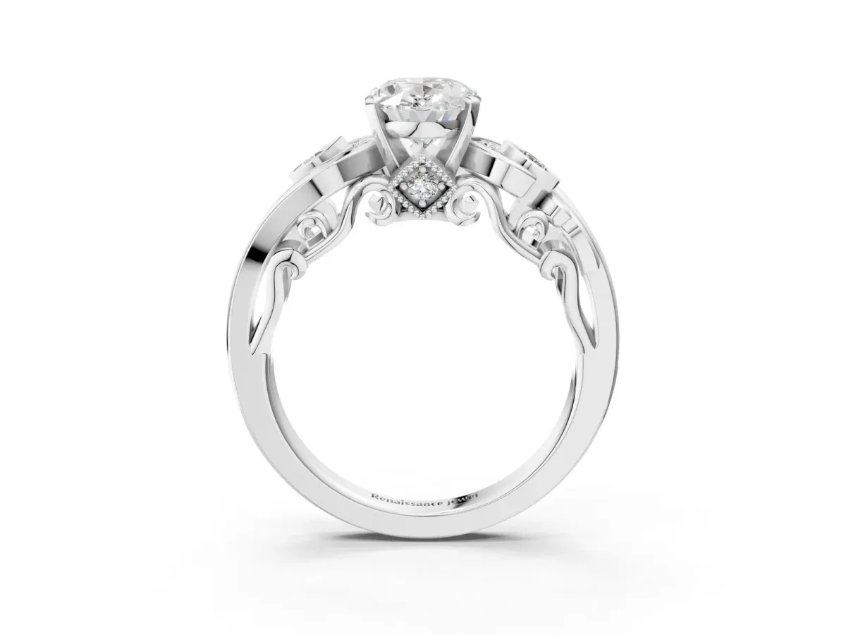 Oval Cut Diamond Solitaire Ring with Milgrain Pavé Band and Four-Prong Setting Platinum