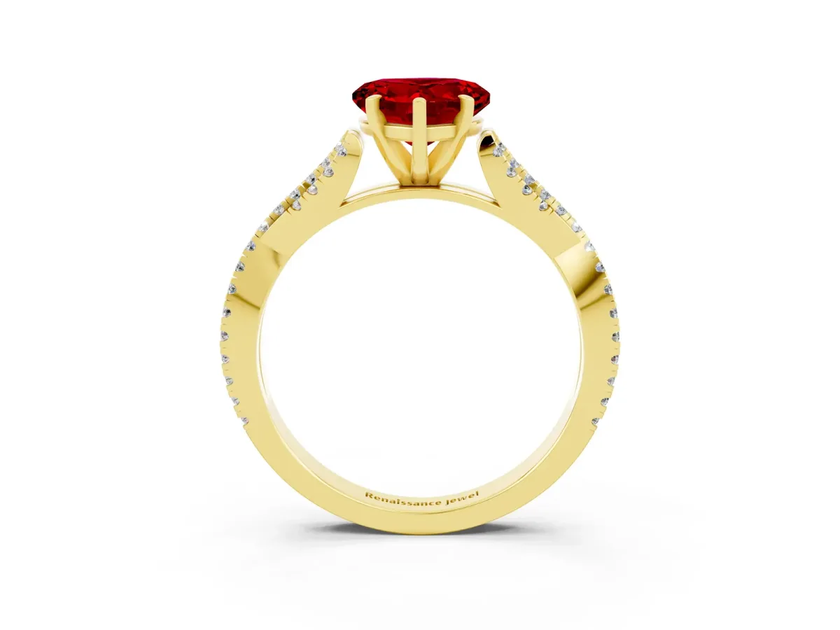 Heart Cut Ruby Solitaire Engagement Ring with Twisted Pavé Band and Four-Prong Setting Yellow gold