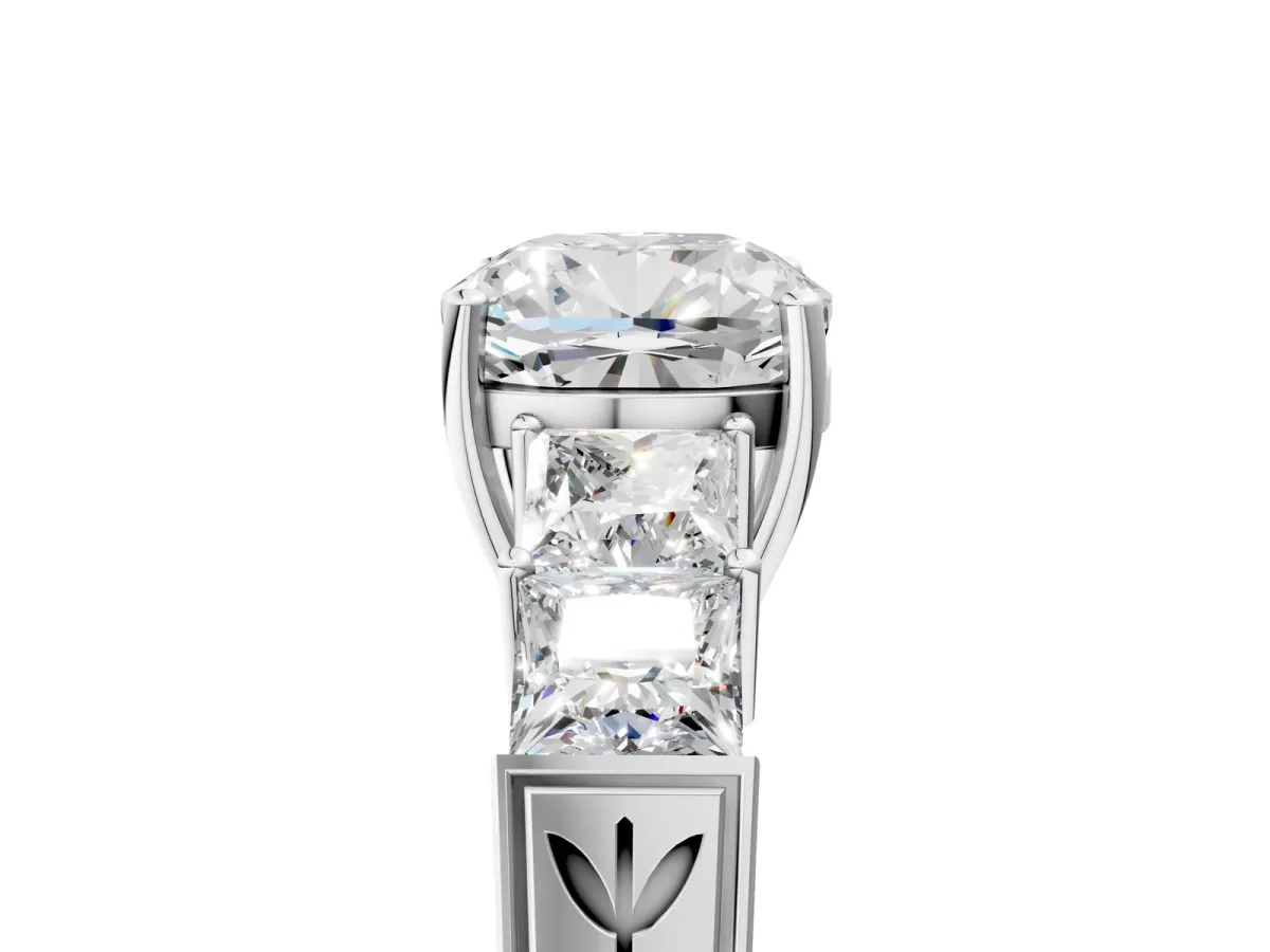 Cushion Cut Solitaire Princess Side Stone Engraved Band Prong Setting Ring Platinum