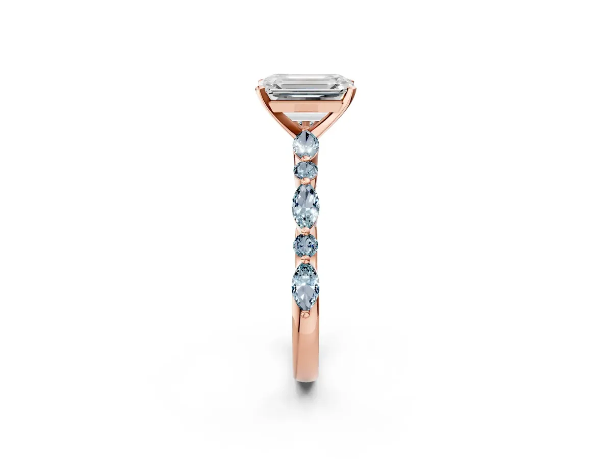 Emerald Cut Diamond Ring with Marquise and Round Aquamarine Side Stones and Four-Prong Setting Rose gold
