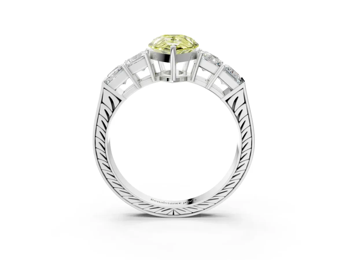 Fancy Yellow Pear Cut Solitaire Princess Side Stone Engraved Band Prong Setting Ring Platinum