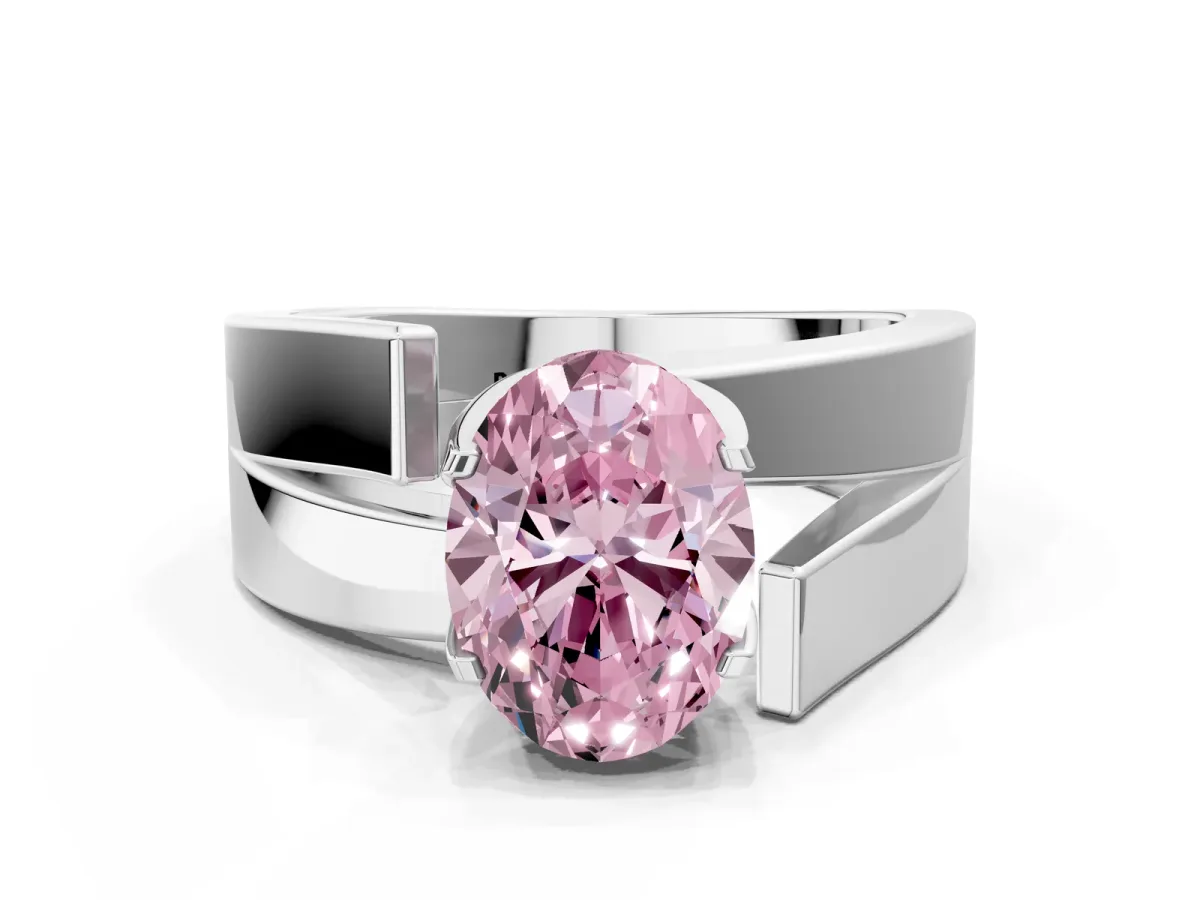 Fancy Pink Modern Tension Set Oval Cut Diamond Solitaire Wide Band Ring Platinum