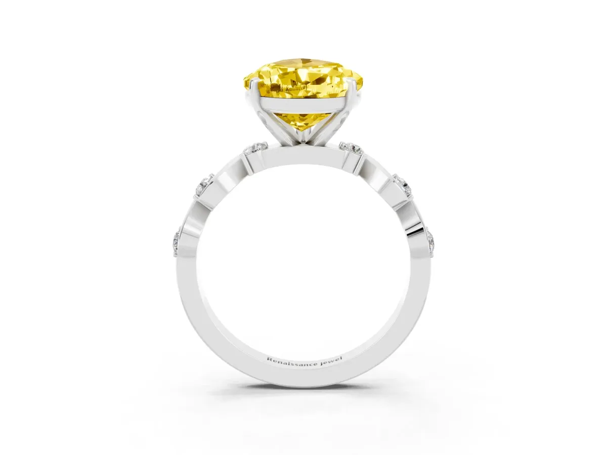 Pear Cut Yellow Sapphire Solitaire Twisted Band with Round Accents and Prong Setting White gold