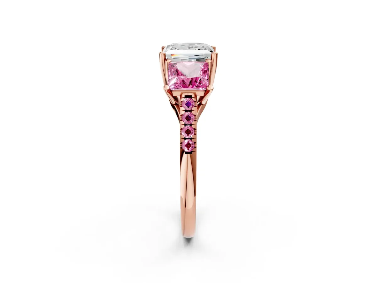 Three-Stone Princess Cut Diamond Ring with Round Pink Sapphire Pavé Band and Prong Setting Rose gold