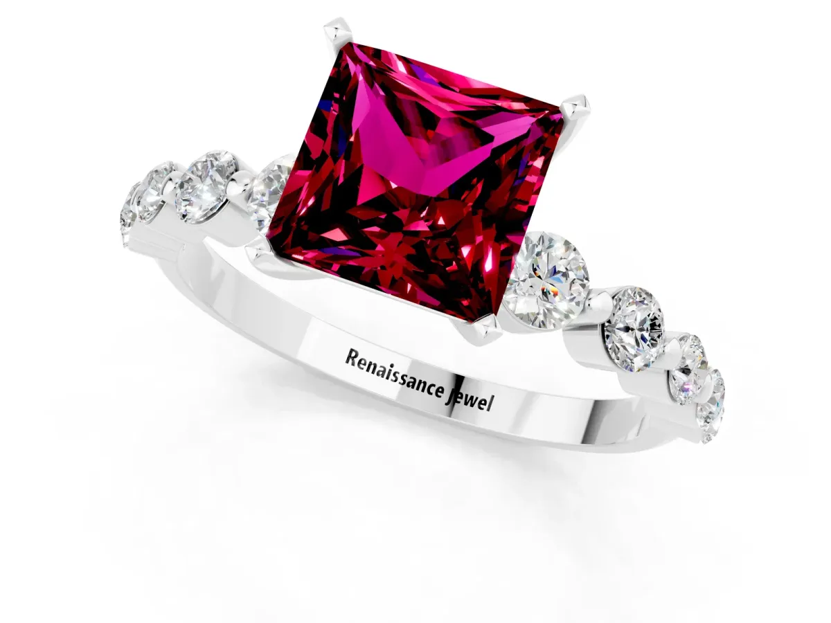 Princess Cut Solitaire Garnet Ring with Pave Band and Four-Prong Setting Platinum