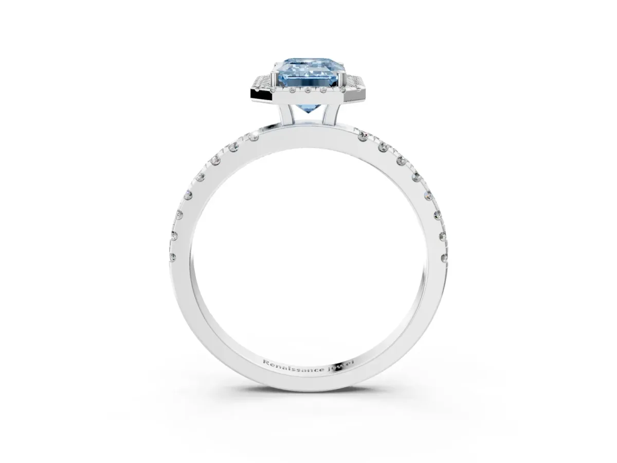 Fancy Blue Emerald Cut Diamond Classic Halo Engagement Ring with Round Pavé Band and Prong Setting White gold